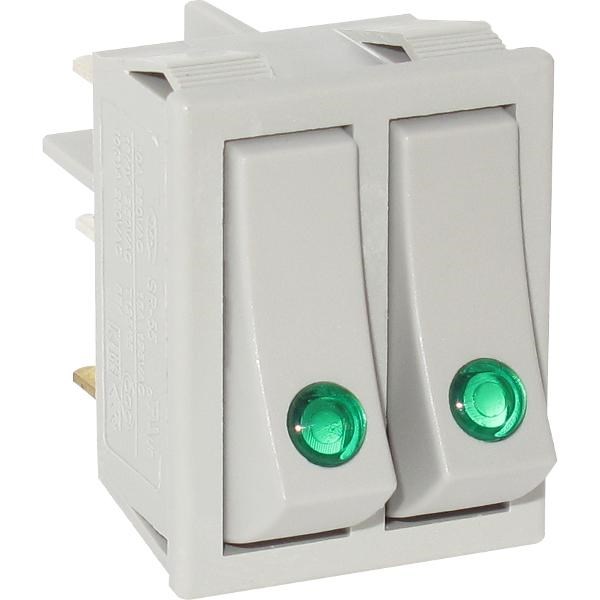 Выключатель двухклавишный зеленая линза, серый корпус C6003PL